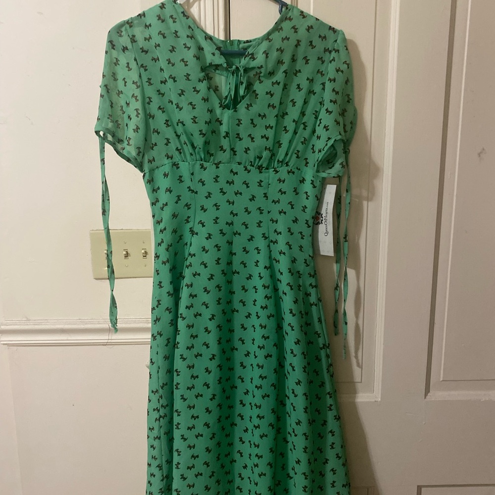Queen of Heartz Green Dress with Black and Brown Scotty Dog Pattern